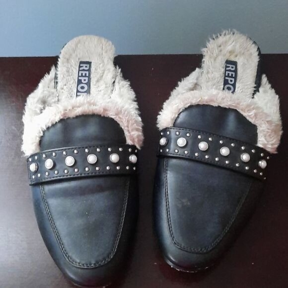 Report Fur Lined Mules Embellished With Pearls Size 7 1/2 - Picture 1 of 5